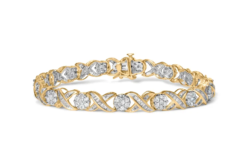 10K Yellow Gold 3.00 Cttw Round-Cut and Baguette-Cut Diamond 'XOXO' Floral Design 7.50" Bracelet