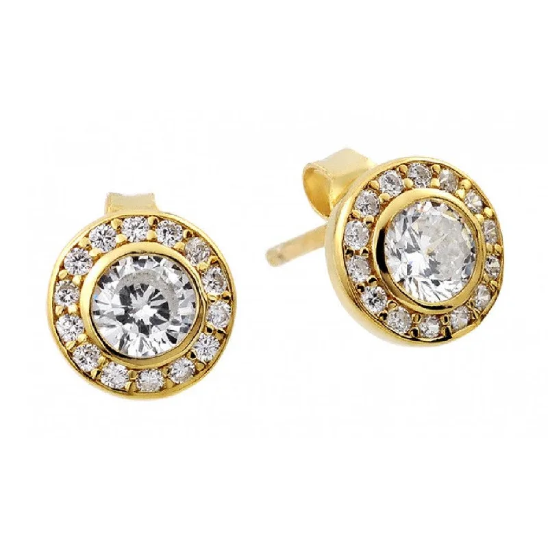 geometric diamond earrings for women -Silver 925 Gold and Rhodium Plated Round Clear CZ Stud Earrings - STE00965GP