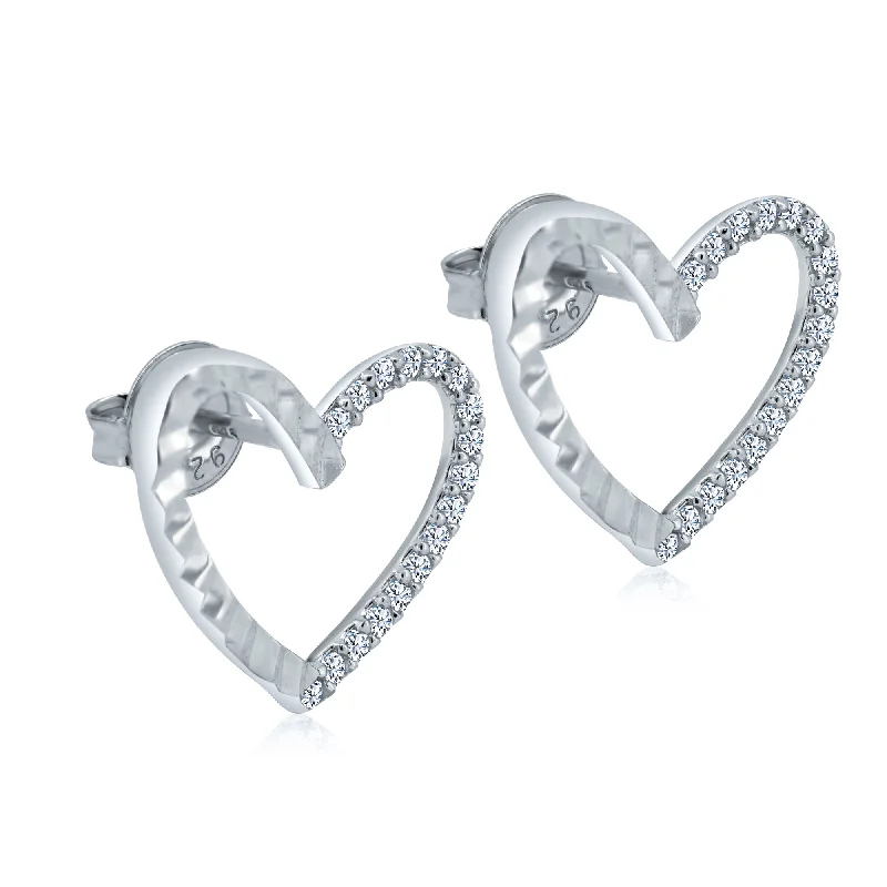 heart-shaped earrings for women -Rhodium Plated 925 Sterling Silver Diamond Cut Clear CZ Heart Stud Earrings - GME00132