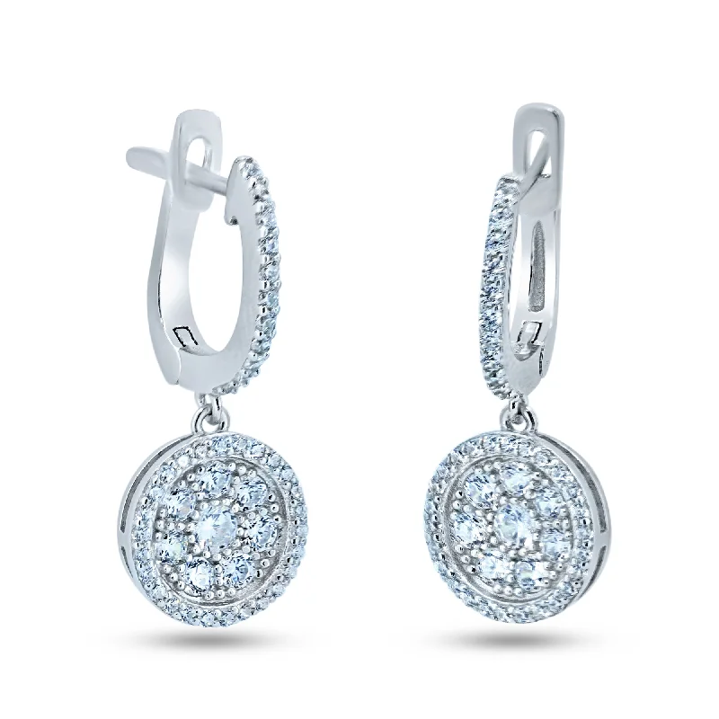 elegant hoop earrings for women -Sterling Silver Rhodium Plated Dangling CZ Encrusted Disc Hoop Earrings - STE01368