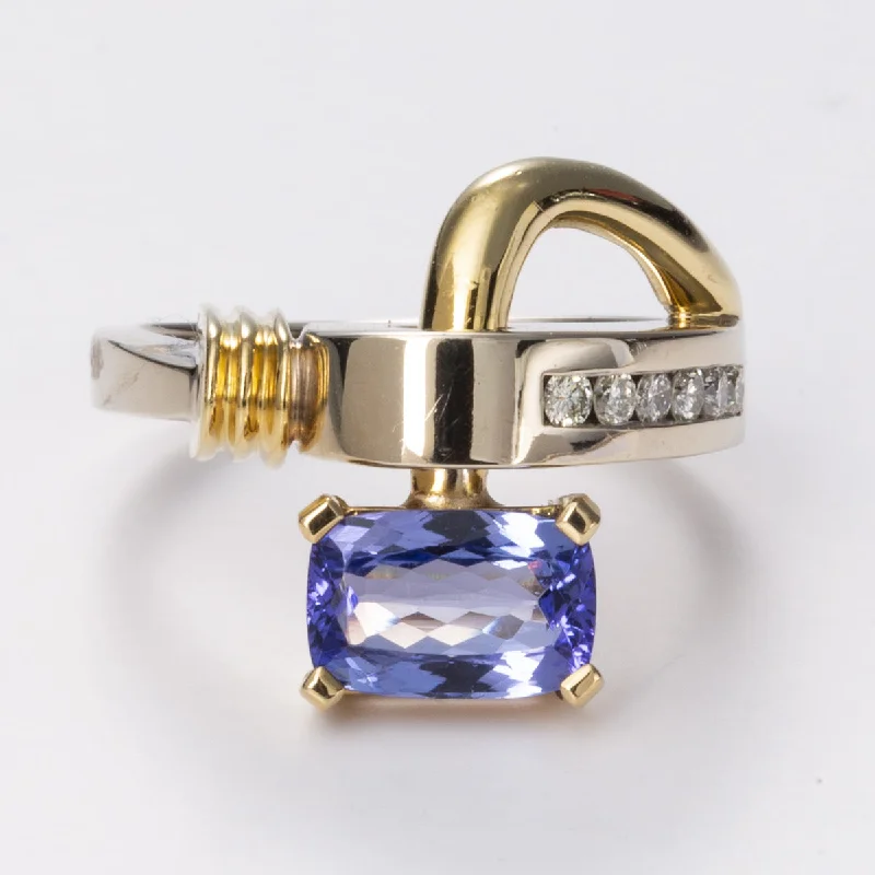 Tanzanite and Diamond Abstract Cocktail 18k White and Yellow Gold Ring | 1.38 ct, 0.18ctw | Sz 7