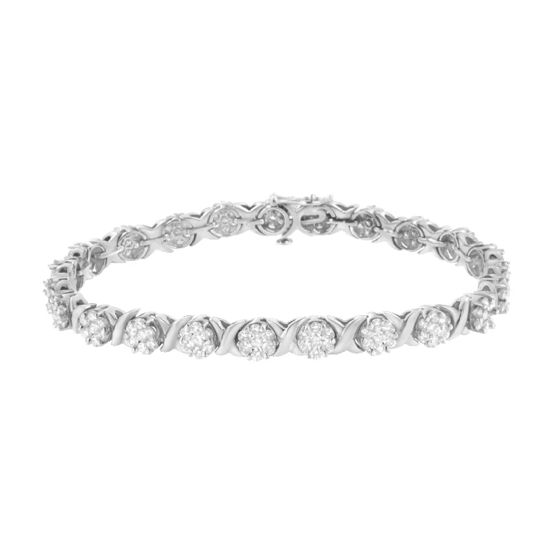 14K White Gold 4 7/8 Cttw Round Brilliant-Cut Diamond Round Cluster & X-Link 7" Tennis Bracelet