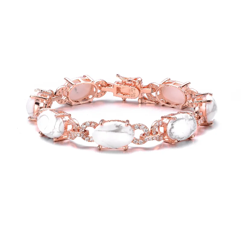 GENEVIVE Sterling Silver Rose Gold Plated Howlite and Cubic Zirconia Link Bracelet