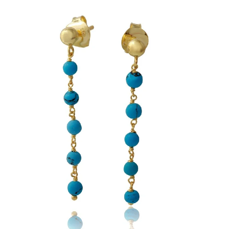 twisted earrings for women -Gold Plated 925 Sterling Silver Dangling Earrings with 5 Turquoise Beads - DIE00006GP-TQ