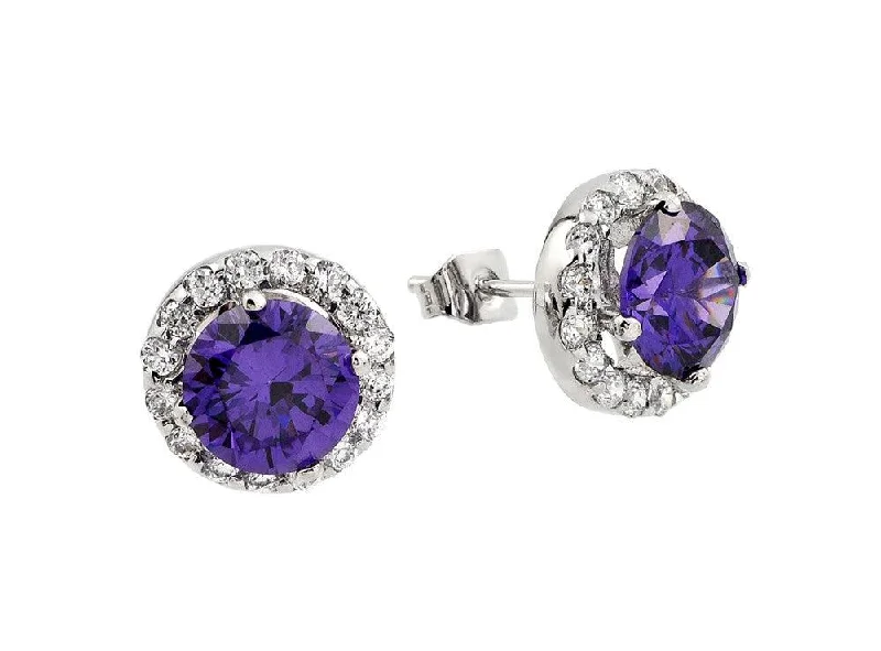 personalized stud earrings for women -Silver 925 Rhodium Plated Round Purple CZ Stud Earrings - BGE00368P