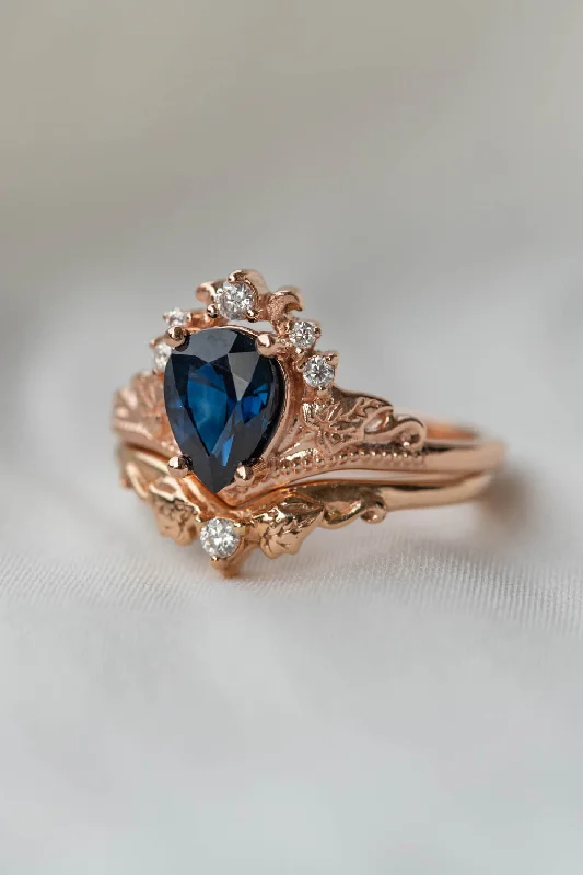 modern gold engagement rings -Natural sapphire bridal ring set, dark blue sapphire engagement ring set with diamonds / Ariadne