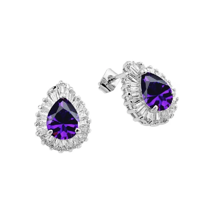 geometric diamond earrings for women -Silver 925 Rhodium Plated Teardrop Purple Baguette Clear CZ Stud Earrings - BGE00336