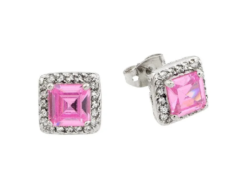 mixed gemstone earrings for women -Silver 925 Rhodium Plated Pink Square CZ Stud Earrings - BGE00359PK