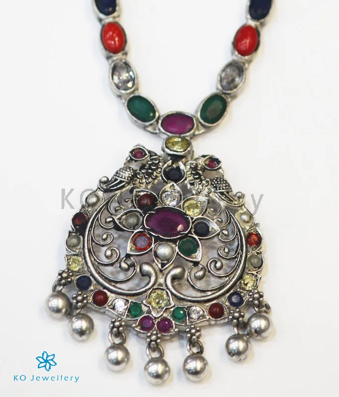 luxury necklaces for women -The Sachi Silver Peacock Navaratna Necklace (Oxidised)