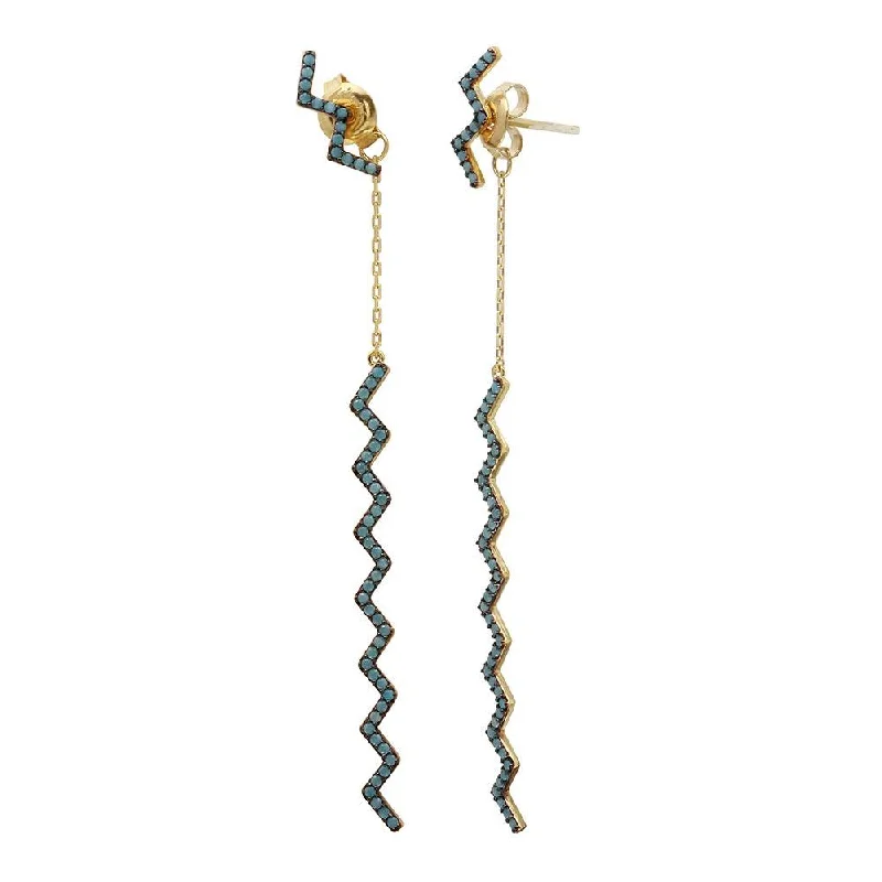 drop earrings for women -Gold Plated 925 Sterling Silver Zig Zag Drop Earrings with Turquoise Stones - GME00091GB