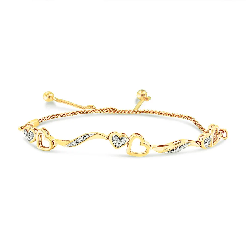 14K Yellow Gold Plated .925 Sterling Silver 1/10 Cttw Diamond Wave and Hearts 4”-10” Adjustable Bolo Bracelet