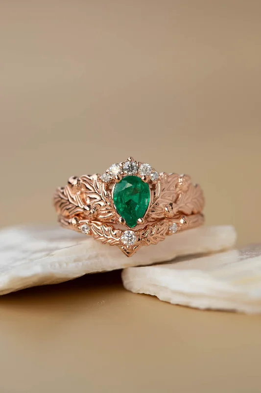 unique engagement rings for women -Natural emerald oak leaves bridal ring set, nature inspired engagement and wedding rings / Royal Oak