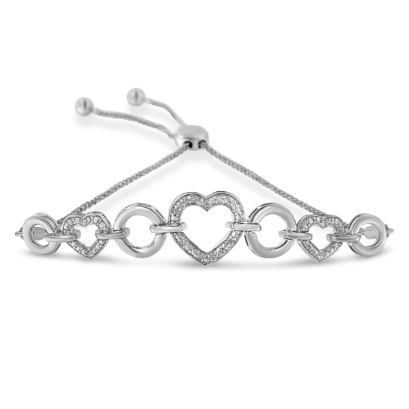 .925 Sterling Silver 1/10 Cttw Round-Cut Diamond Heart-Link Adjustable Bolo Bracelet