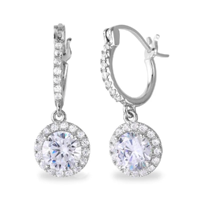 stud earrings for women -Rhodium Plated 925 Sterling Silver Dangling Micro Pave Round CZ huggie hoop Earrings - BGE00529