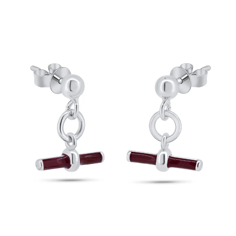 women’s luxury diamond earrings -Rhodium Plated 925 Sterling Silver Dangling Red Enamel Bar Stud Earrings - ITE00097-RH