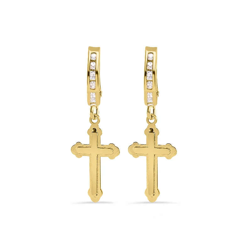 women’s crystal stud earrings -14E00452. - 14 Karat Yellow Gold 12.9mm Hoop Half Studded Clear CZ Cross Latch Box Earrings