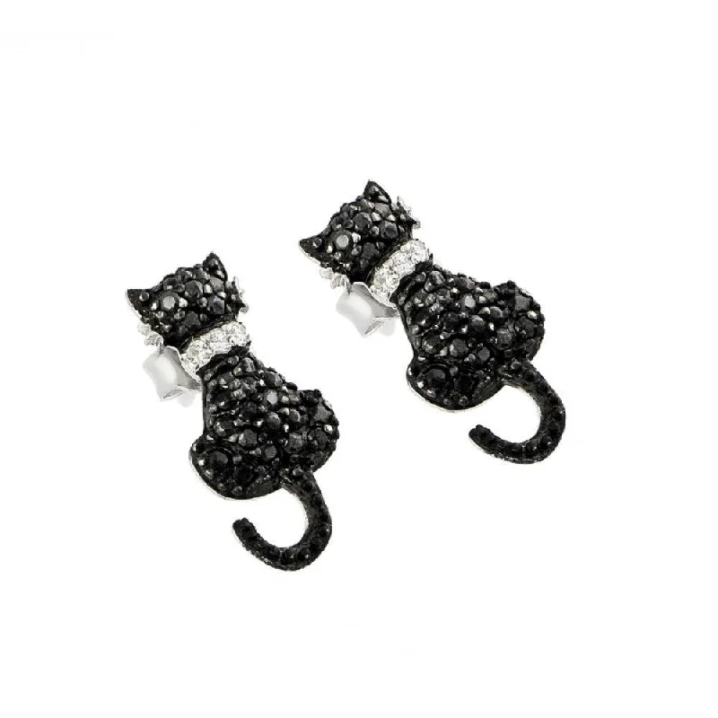 colorful earrings for women -Silver Black and Silver Rhodium Plated Cat Black and Clear CZ Dangling Stud Earrings - STE00904