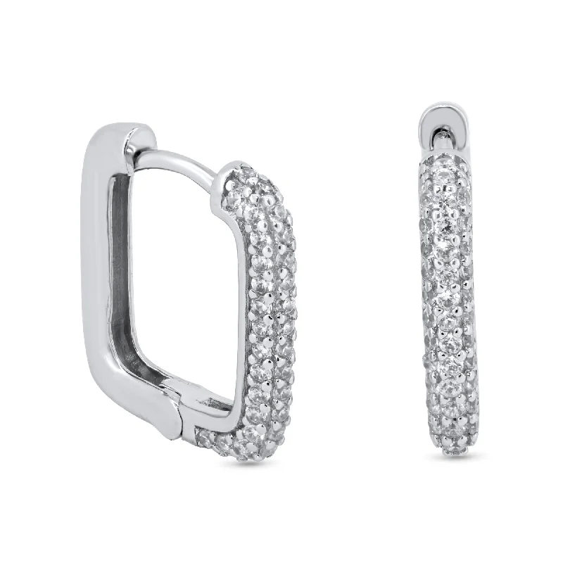 luxury diamond earrings for women -Rhodium Plated 925 Sterling Silver Square CZ Hoop Earrings - GME00123