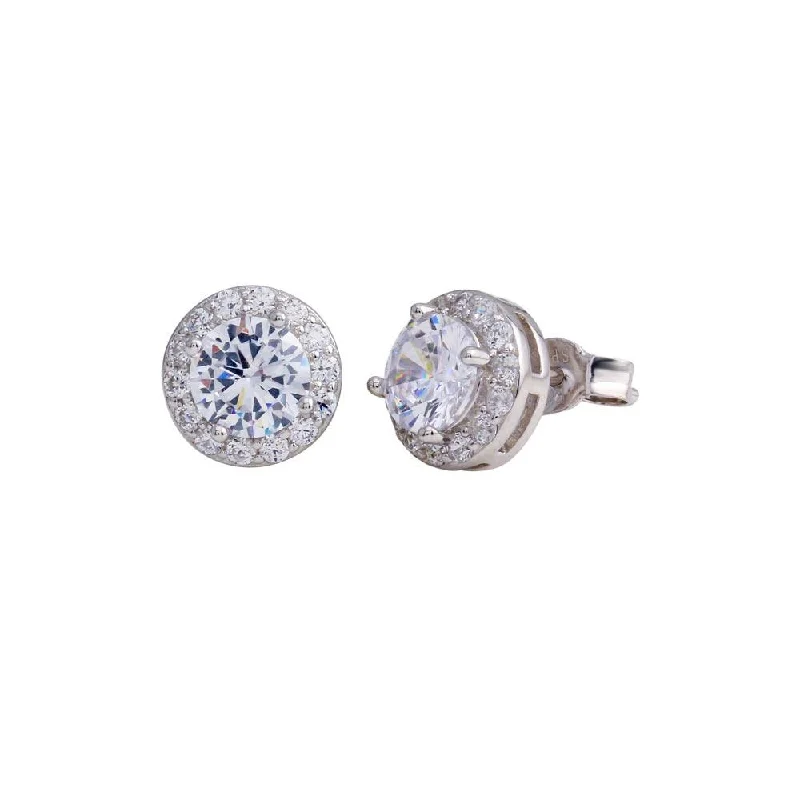 mixed gemstone earrings for women -Rhodium Plated 925 Sterling Silver CZ Stud Halo Earrings - STE01183