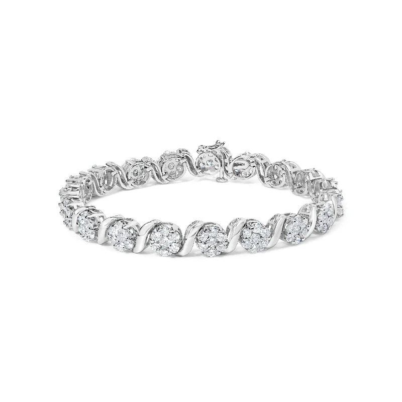 14K White Gold 7 3/8 Cttw Round Brilliant Diamond Floral Cluster and S Link Bracelet