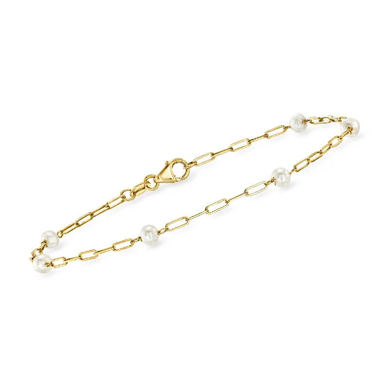 RS Pure by Ross-Simons 3-4mm Cultured Pearl and 14kt Yellow Gold Paper Clip Link Station Bracelet