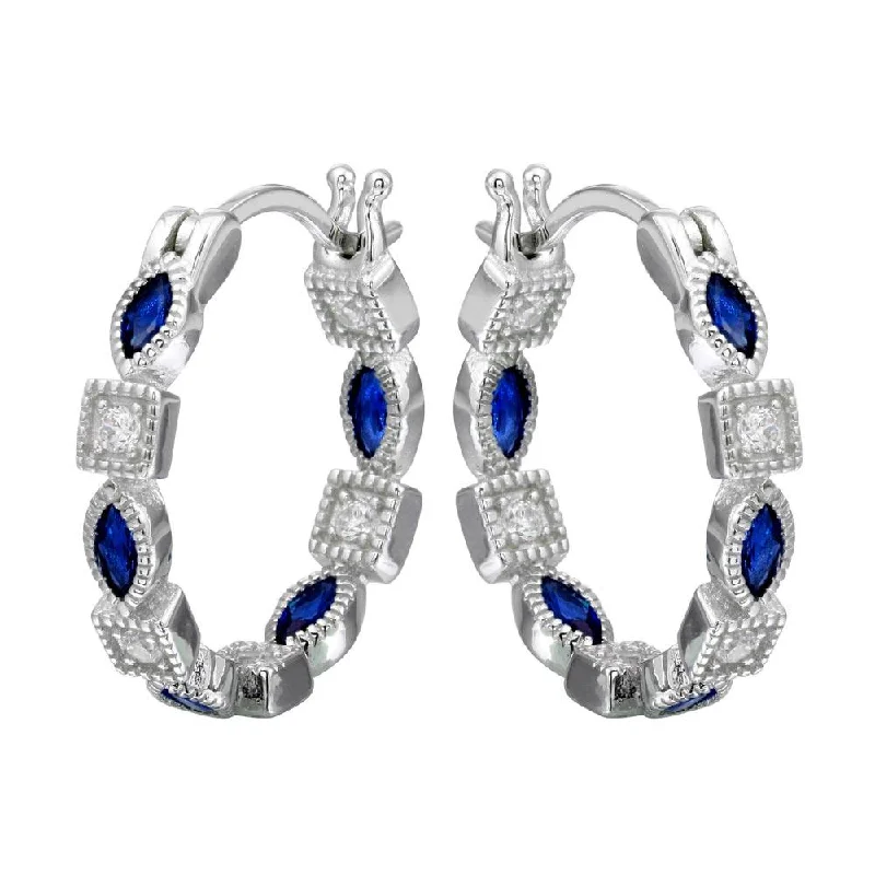 sparkling drop earrings for women -Rhodium Plated 925 Sterling Silver Inner and Outer Blue Clear CZ Hoop Earrings - STE01122BLU