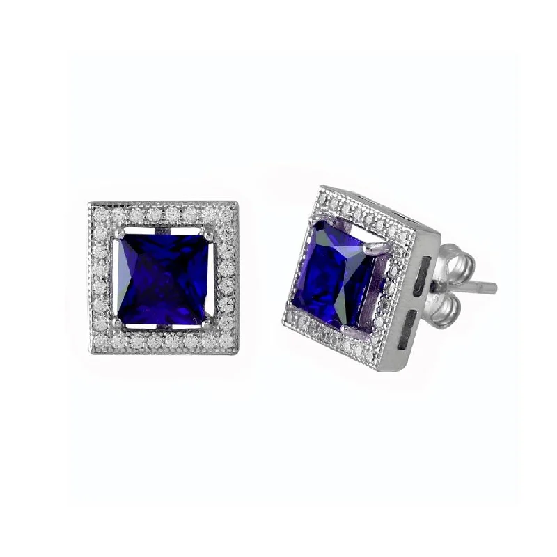 trendy gold earrings for women -Rhodium Plated 925 Sterling Silver Blue Halo Square CZ Stud Earrings - BGE00632BLU