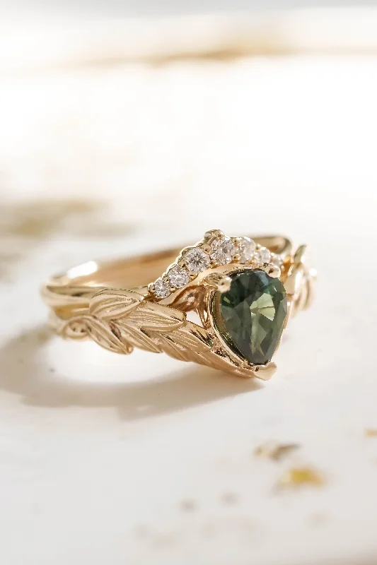 oval cut engagement rings for women -Green sapphire and diamonds bridal ring set, nature themed gold engagement and wedding rings / Palmira