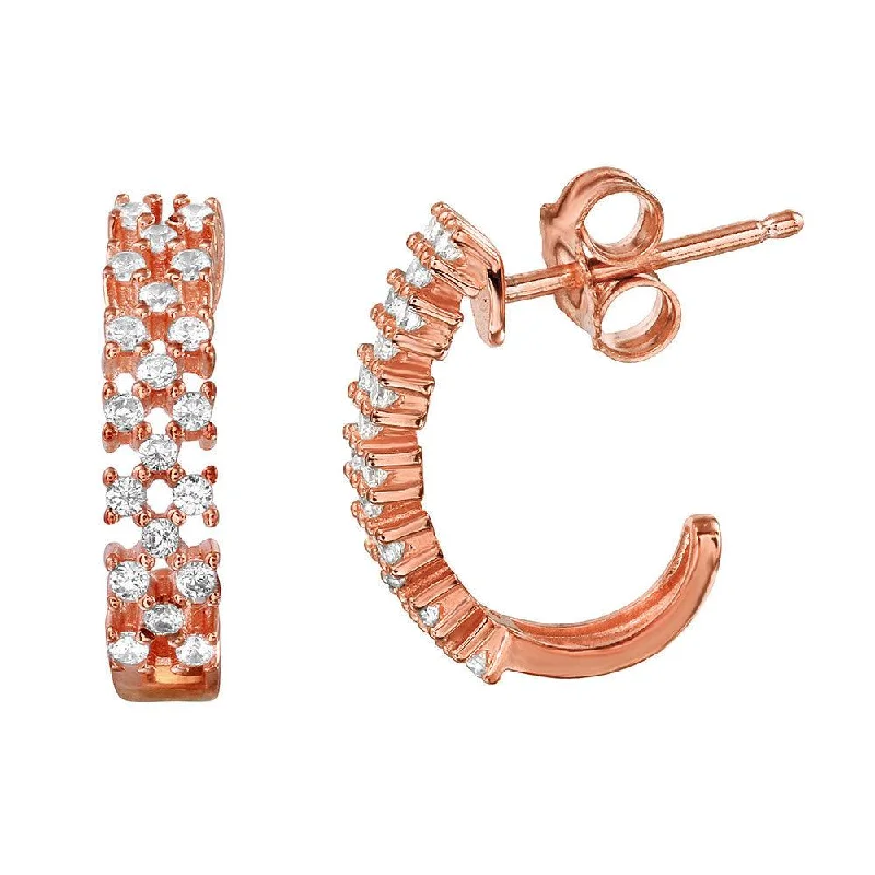 diamond hoop earrings for women -Silver 925 Rose Gold Plated Thin Checkered CZ Semi-huggie hoop Earrings - ACE00081RGP