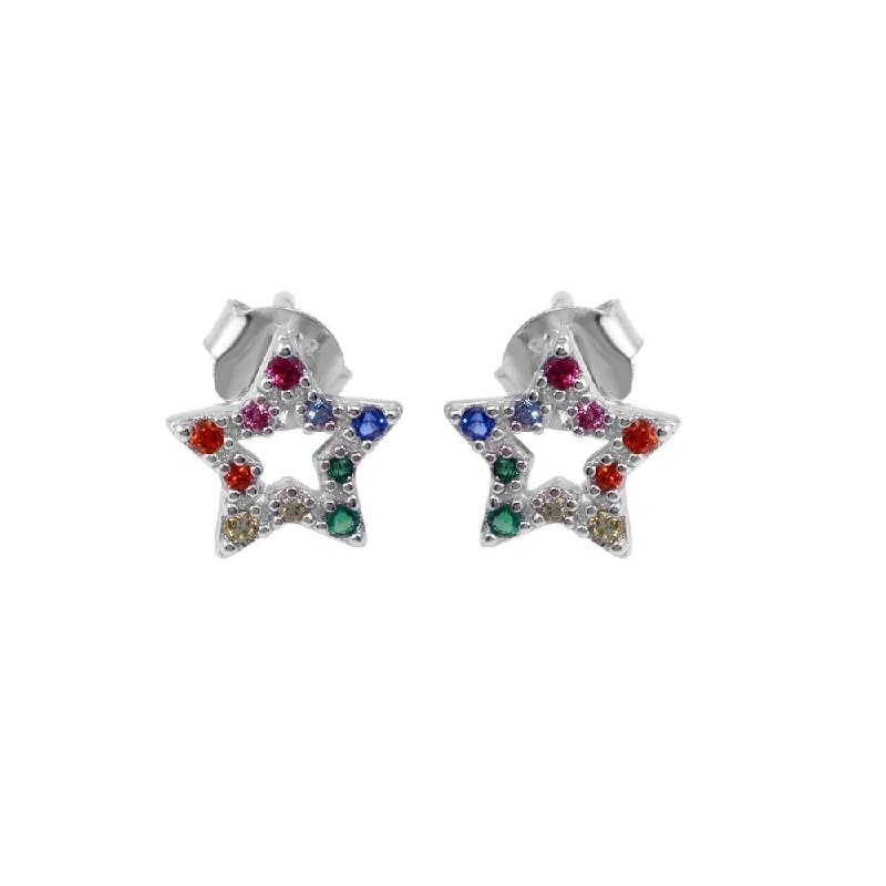 artistic gold earrings for women -Rhodium Plated 925 Sterling Silver Rainbow CZ Stud Earrings - BGE00606