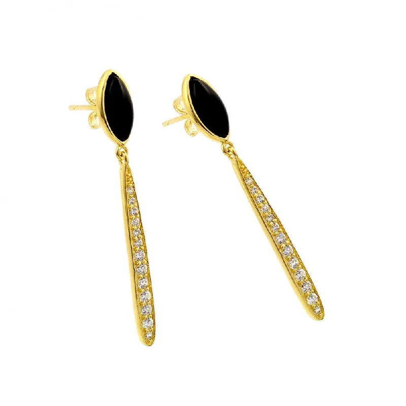 women’s silver drop earrings -Silver 925 Gold Plated Black Marquise Stretched Oval CZ Dangling Stud Earrings - BGE00400