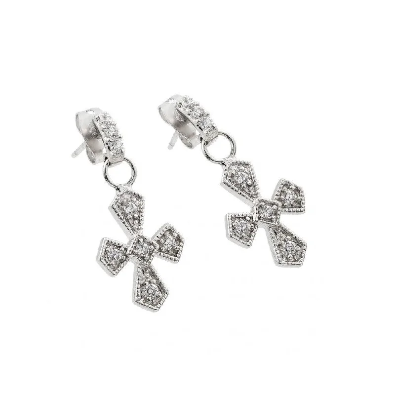 colorful earrings for women -Silver Rhodium 925 Plated Cross Clear CZ Inlay Dangling Stud Earrings - BGE00201