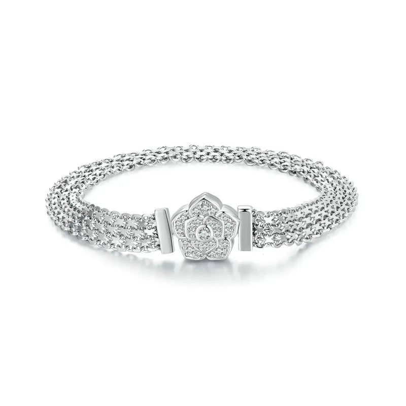 Rose Flower Flat Bracelet with Diamond