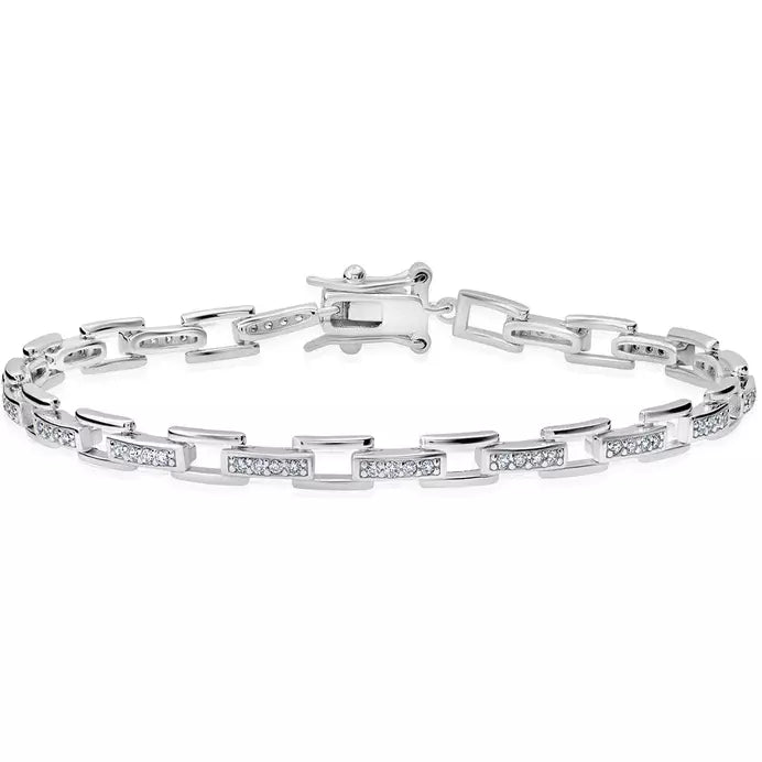 CRISLU Pave Interlocking Narrow  Link Bracelet Finished in Platinum Finish - 7 Inches