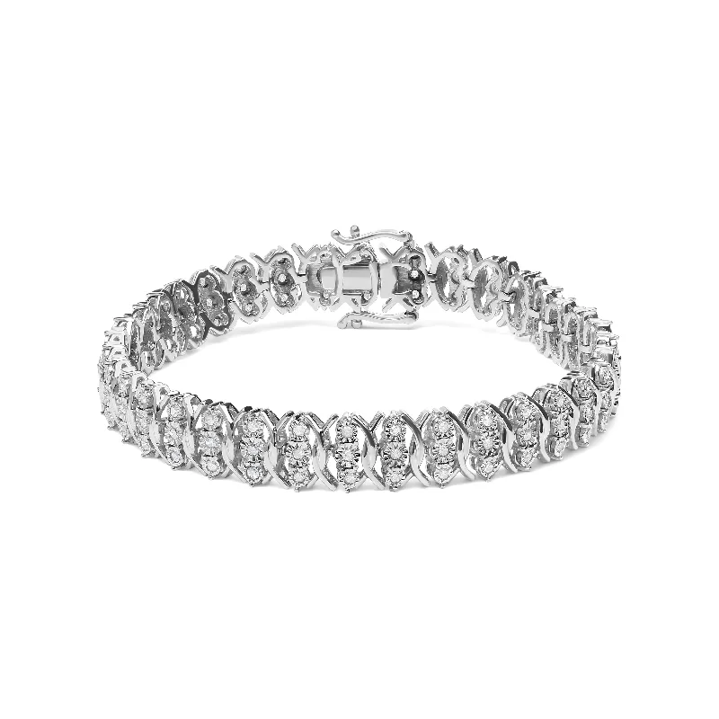 .925 Sterling Silver 1.0 Cttw Miracle Set Diamond 3 Row Wave Link Bracelet