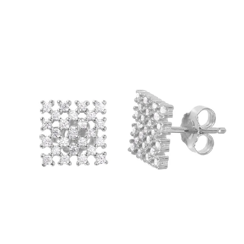 gold drop earrings for women -Silver 925 Rhodium Plated Checkered CZ Stud Earrings - ACE00079RH