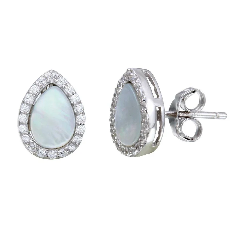 dangle earrings for women -Rhodium Plated 925 Sterling Silver Teardrop Shaped Opal Stud Earrings with Clear CZ Stones - STE01118CLR