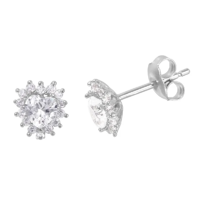 handmade gemstone earrings -Silver 925 Rhodium Plated CZ Heart Stud Earrings - GME00007