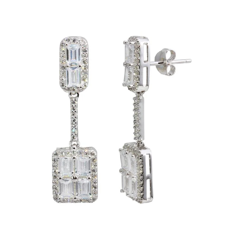 modern earrings for women -Rhodium Plated 925 Sterling Silver Dangling Bar and Square Earrings with CZ - BGE00595