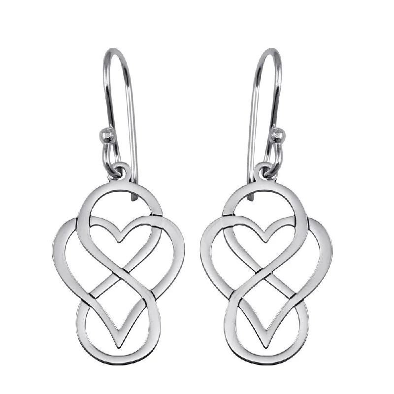 personalized stud earrings for women -Rhodium Plated 925 Sterling Silver Dangling Flat Heart and Infinity Design Earrings - TRE00005