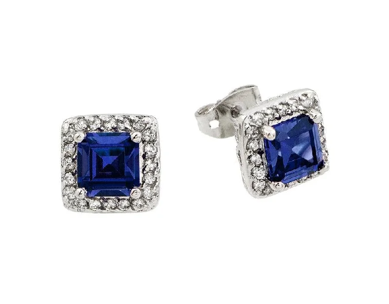 studded earrings for women -Silver 925 Rhodium Plated Blue Square CZ Stud Earrings - BGE00359B