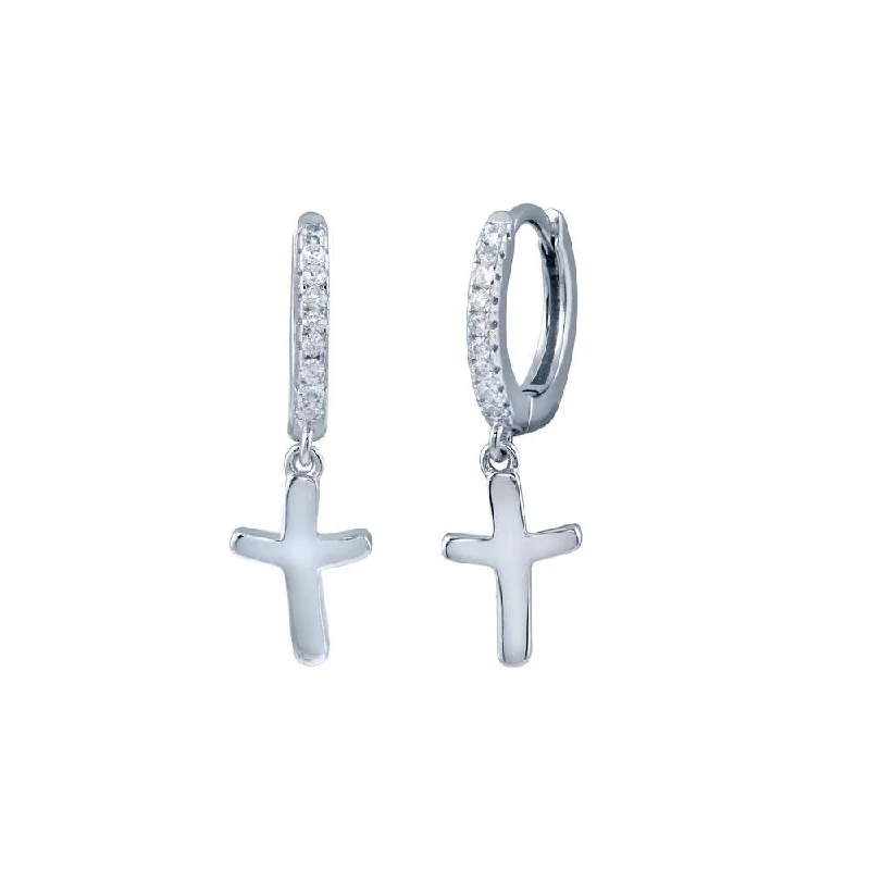 creative earrings for women -Rhodium Plated 925 Sterling Silver huggie hoop Cross CZ Earring - STE01301