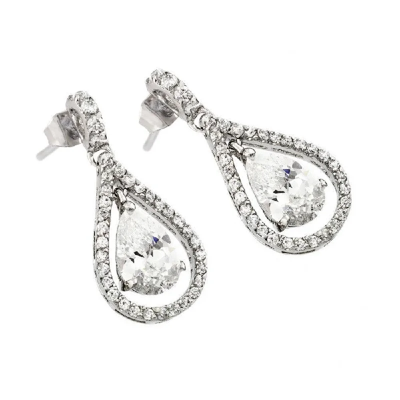 handmade gemstone earrings -Silver 925 Rhodium Plated Channel Teardrop CZ Dangling Stud Earrings - BGE00366C