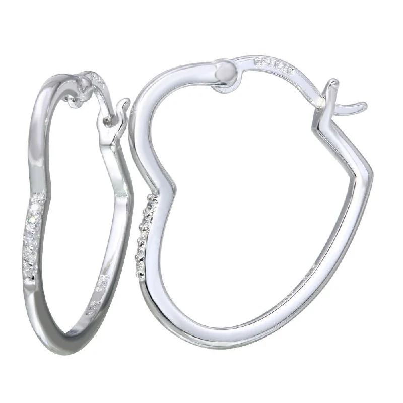 silver hoop earrings for women -Rhodium Plated 925 Sterling Silver Heart Hoop Earrings with CZ - STE01115