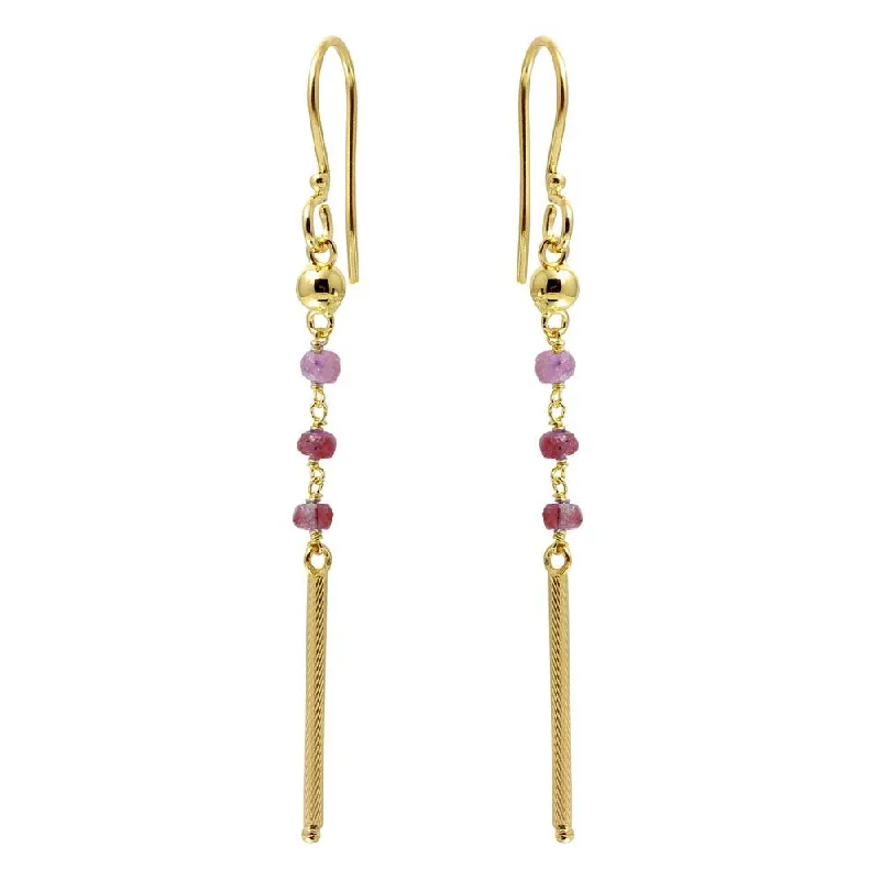 women’s crystal stud earrings -Gold Plated 925 Sterling Silver Dangling 3 Dark Red Bead with Matte Gold Bar Earrings - DIE00009GP-GR