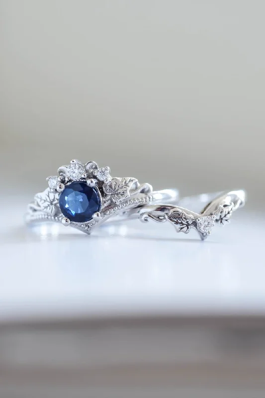 engagement rings with side stones -Genuine sapphire engagement ring set, fantasy bridal rings / Ariadne