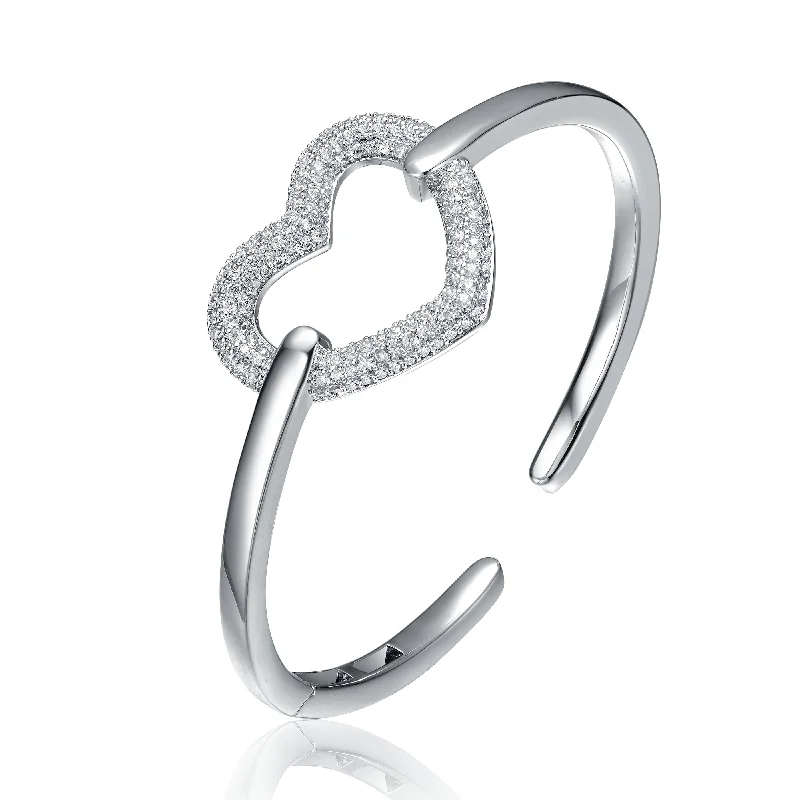 14k Gold Plated Sterling Silver With Diamond Cubic Zirconia French Pave Heart Halo Bangle Bracelet