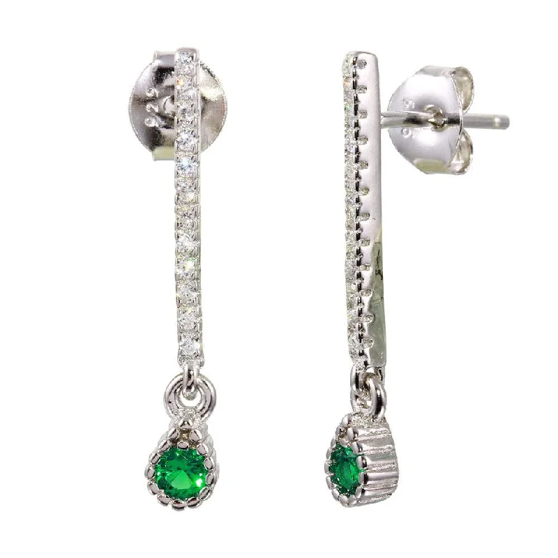 glamorous earrings for women -Rhodium Plated 925 Sterling Silver Green CZ Bar Drop Earrings - BGE00557GRN