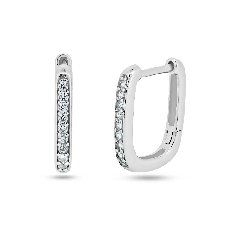 studded earrings for women -Sterling Silver Rhodium Plated Rectangular CZ Hoop Earring - STE01360