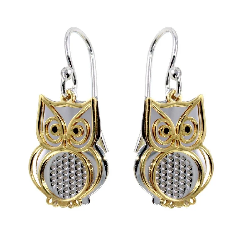 vintage-inspired earrings for women -Two-Tone 925 Sterling Silver Flat Owl Earrings - SOE00001